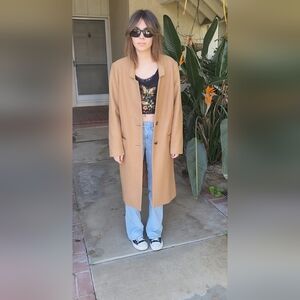 Old Navy Relaxed Car Coat in Camel Long Pea coat - Model Is 5"4"